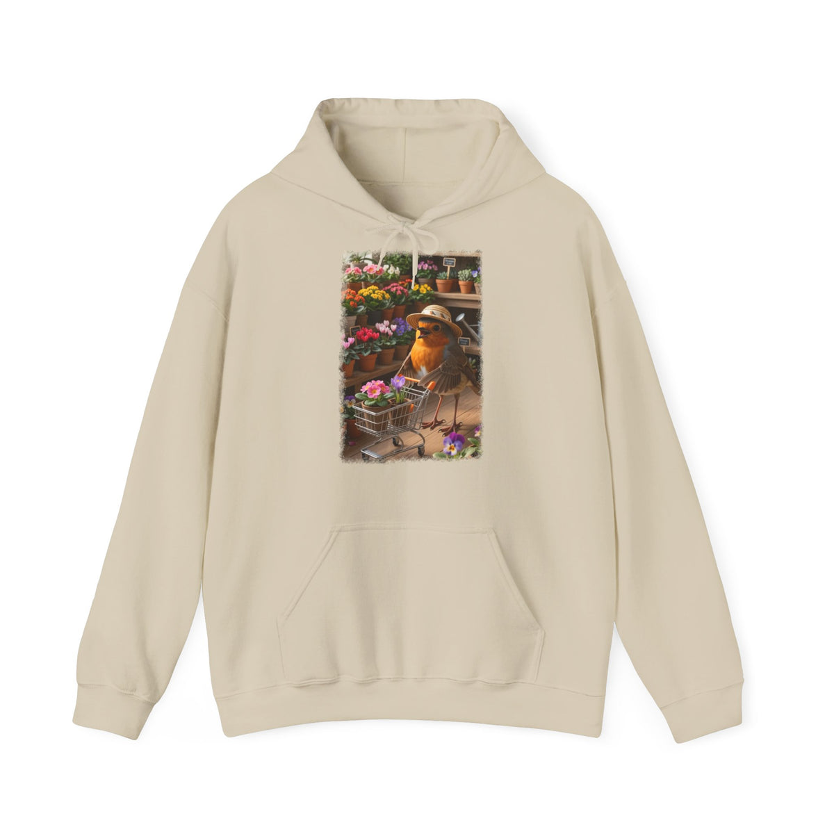 Lustiger Rotkehlchen Hoodie mit Blumen-Einkaufswagen | Süßer Vogel Kapuzenpullover für Pflanzenfans