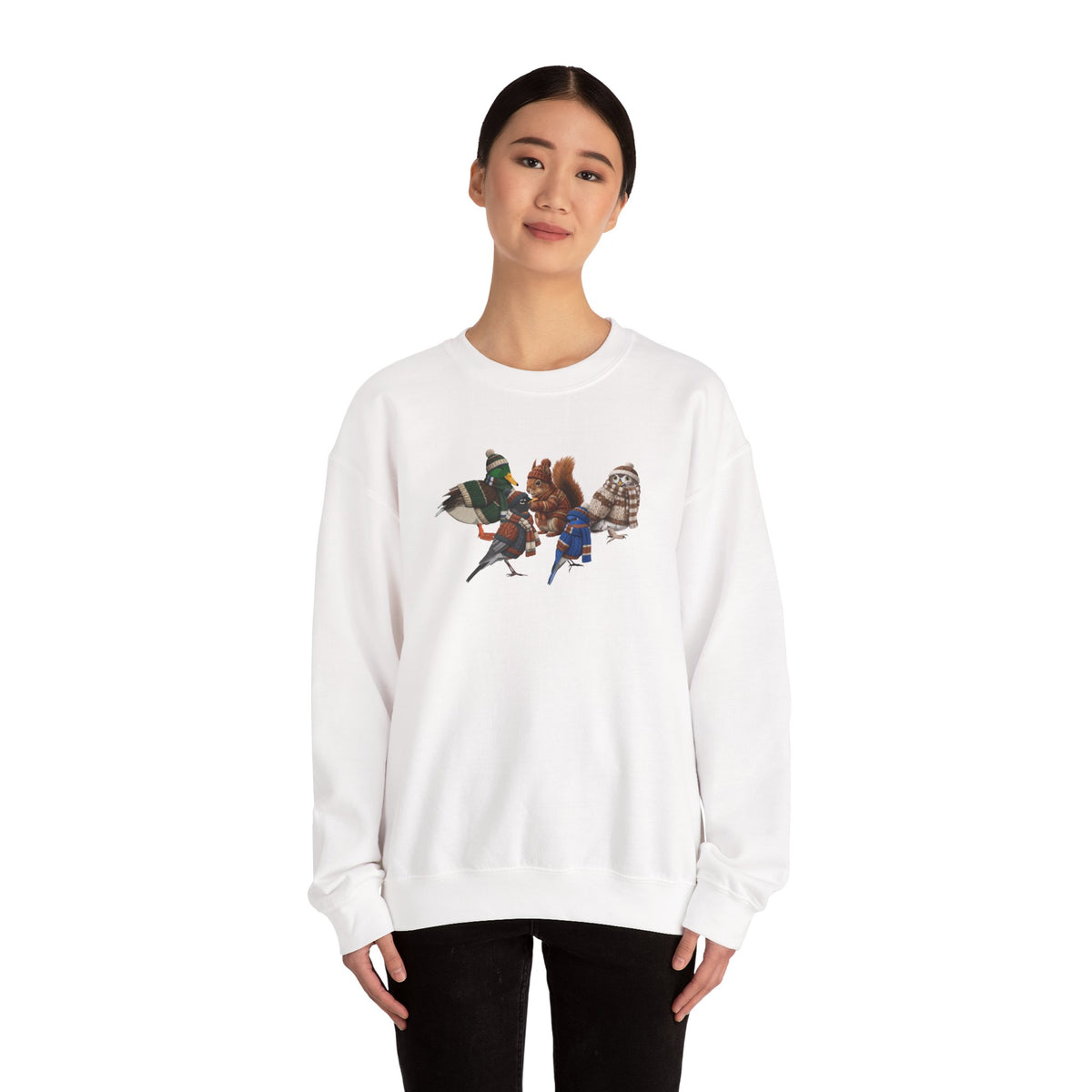 Cozy Winter Crewneck: Backyard Birds & Squirrel in Knitwear