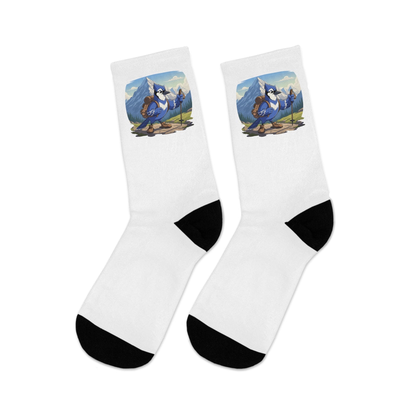 Blue Jay on a Hike Bird Socks White for Bird and Hiking Lovers One Size