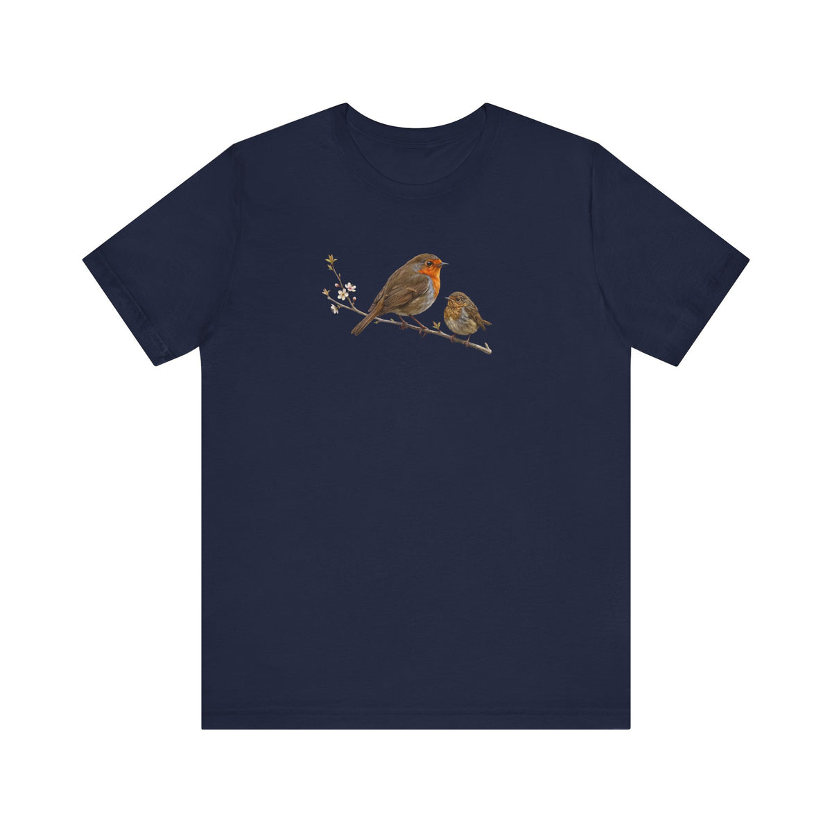 Rotkehlchen & Jungvogel T-Shirt | Frühlingsblüten Vogelmotiv für Vogelbeobachter