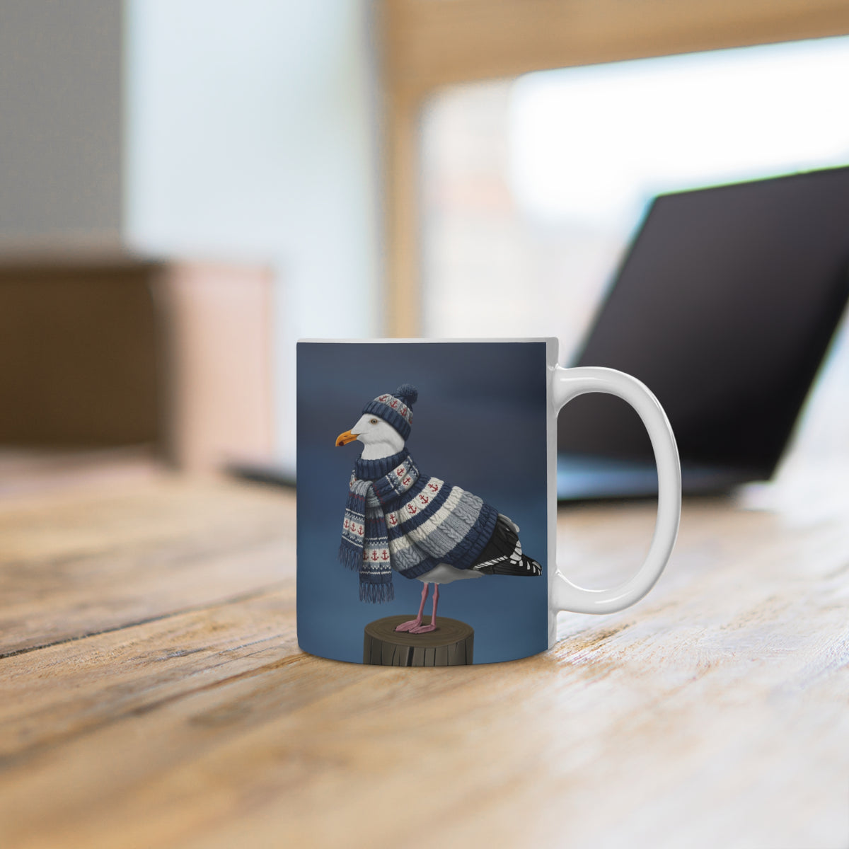 Möwe mit Strickpullover Weihnachtliche Tasse Vogelmotiv – Ideal für Kakao & Kaffee – 11 oz,