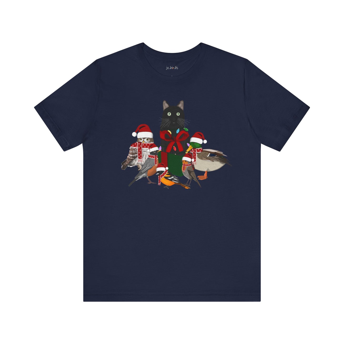 Robin Mallard Oriole Owl with Cat in a Box and Fairy Lights Christmas Bird T-Shirt