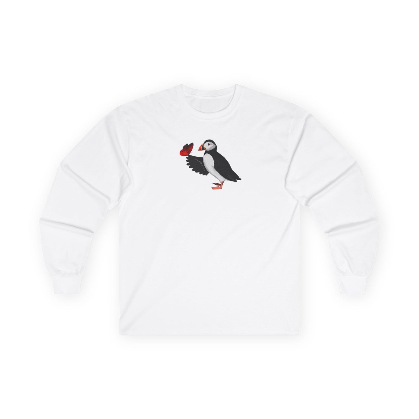 Puffin with Butterfly Birding & Birdwatching Bird Cotton Long Sleeve T-Shirt