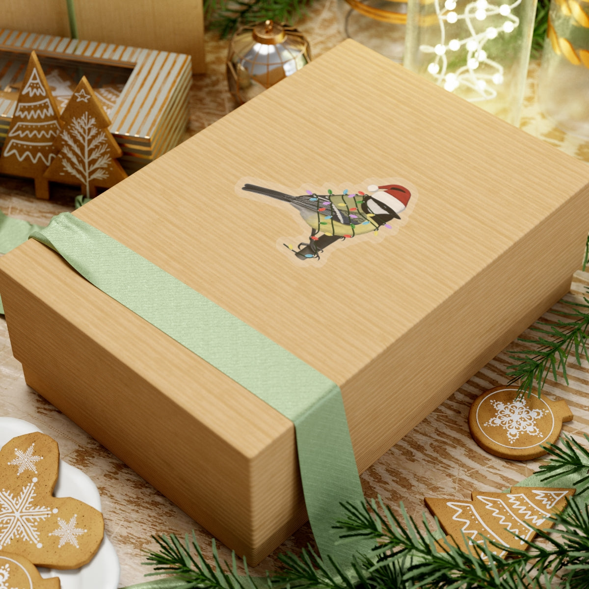 フェアリーライトとサンタクロースの帽子をかぶったチカディーのクリスマス鳥ステッカー