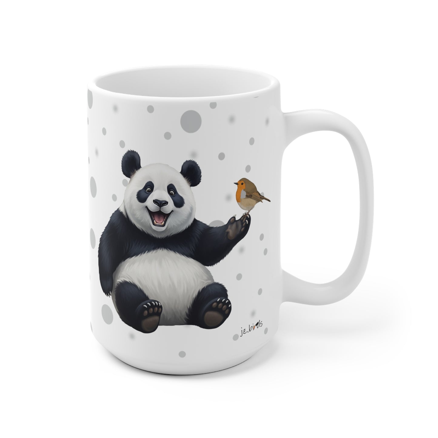 Rotkehlchen mit einem fröhlichen Panda Vogel Tiermotiv Tasse Punkte Grau