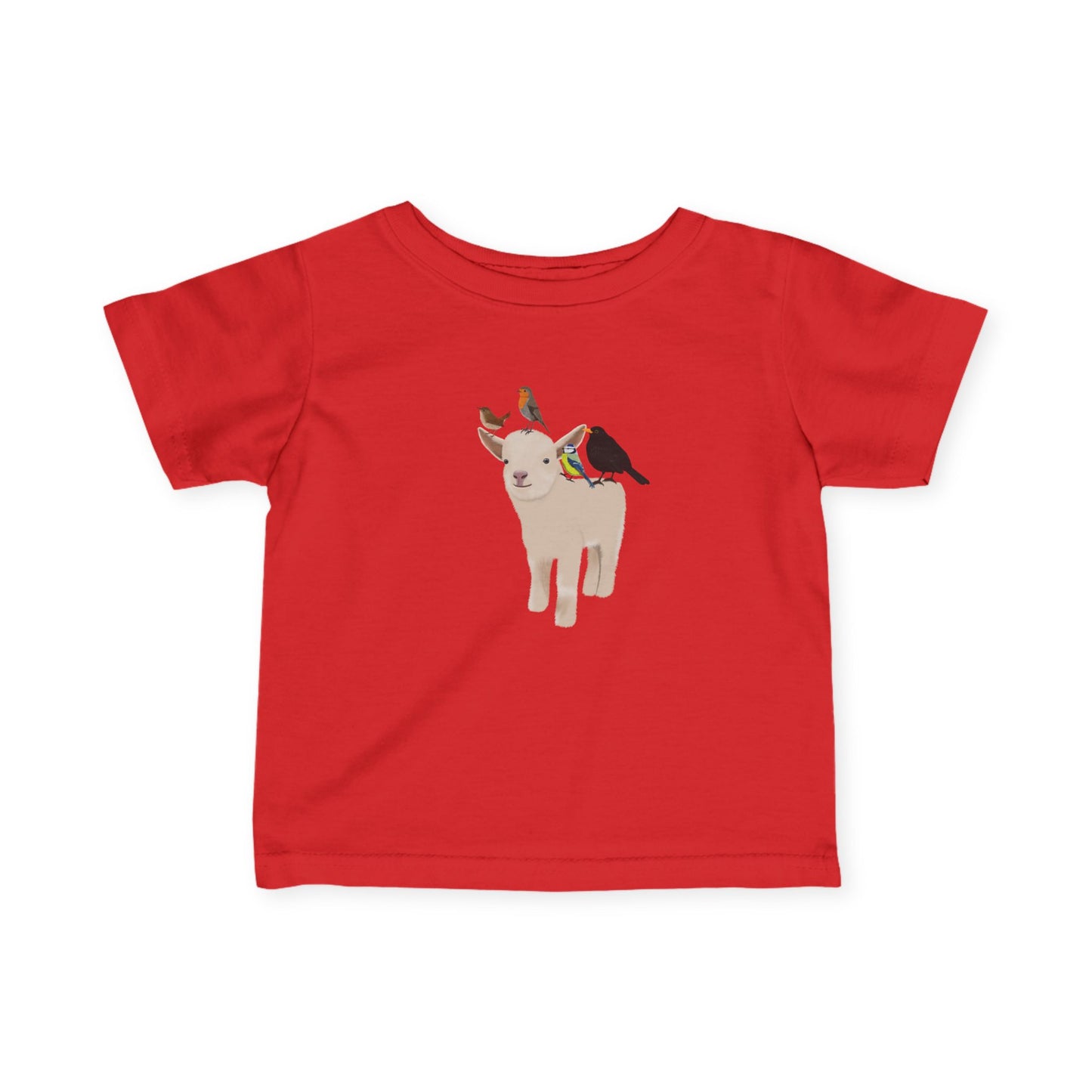 Süßes Lamm mit Amsel Blaumeise Rotkehlchen Zaunkönig Vogel Tiermotiv T-Shirt für Babys und Kleinkinder