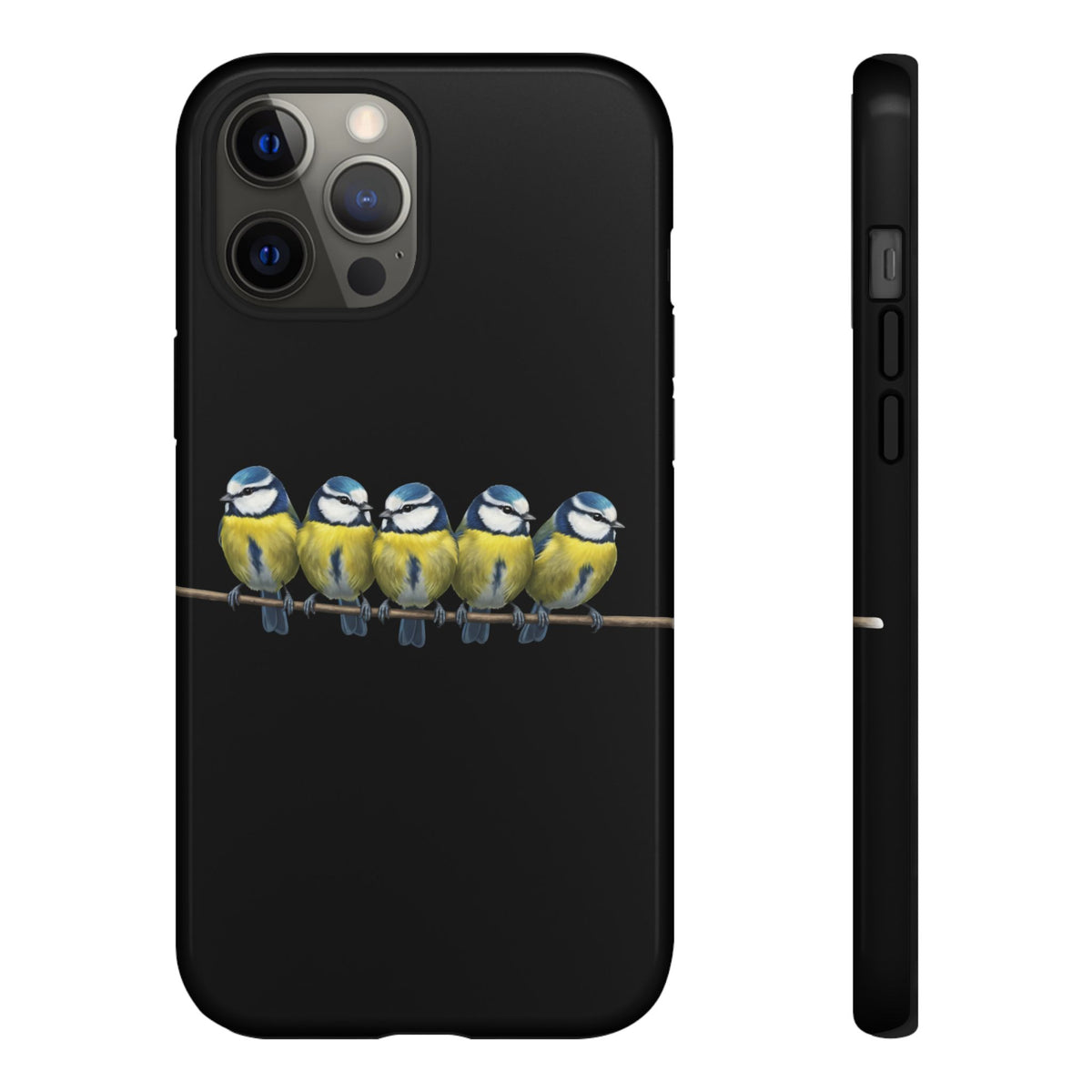 Funda premium para móvil de carbonero azul en una rama – Doble protección e impresión integral, negra