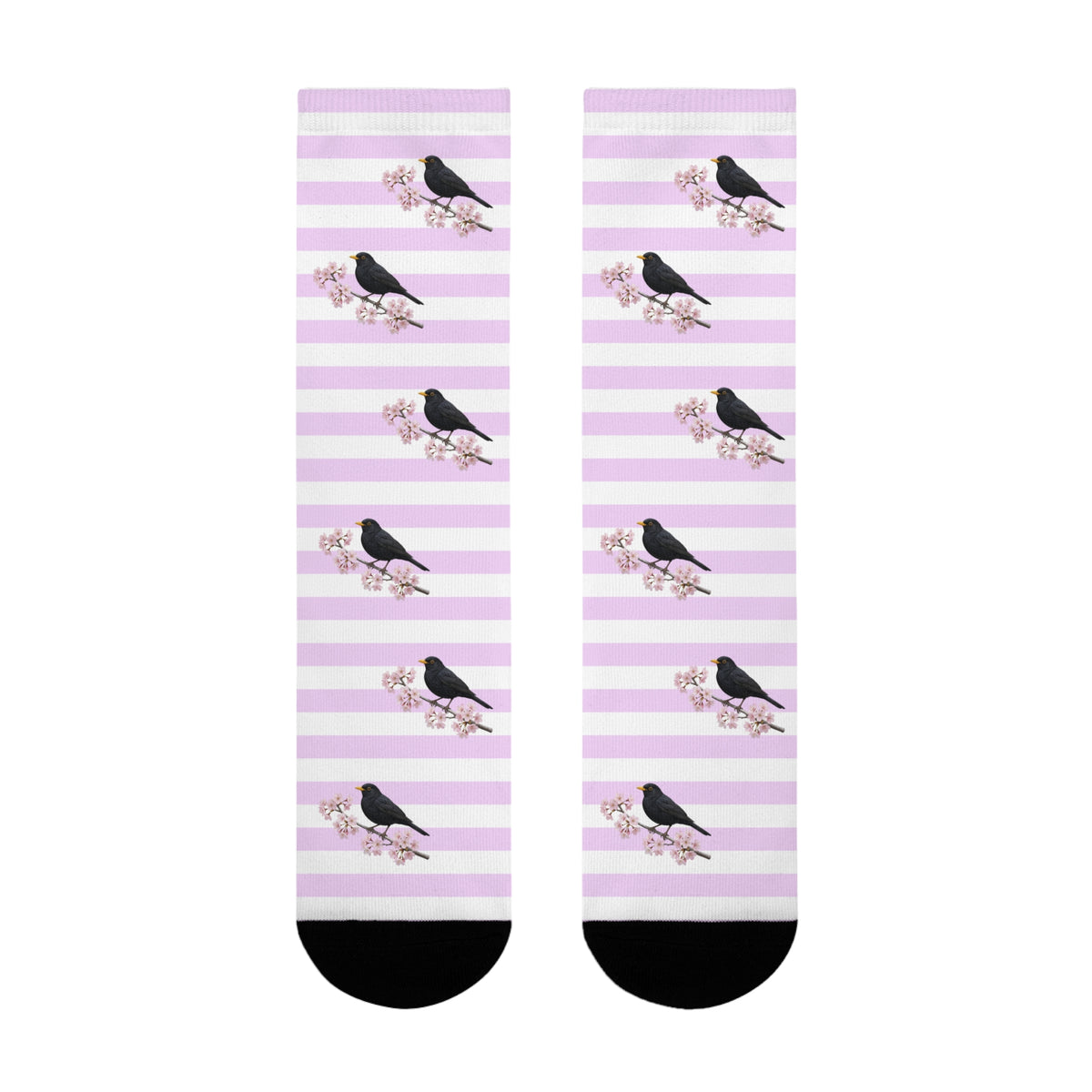 Amsel Socken mit Kirschblüten | Weiß Rosa gestreifte Vogelmotiv Strümpfe – Accessories,