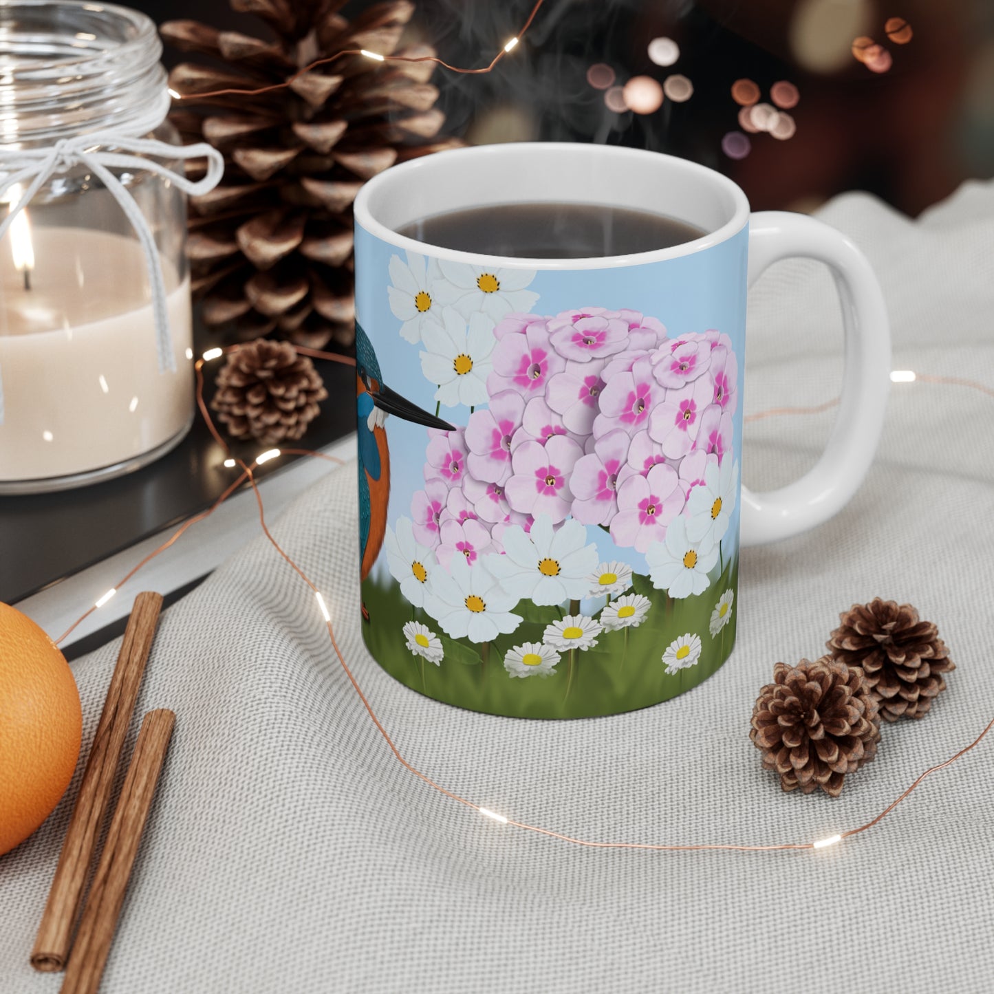 Kingfisher Summer Flowers Bird Ceramic Mug 11oz - jz.birds