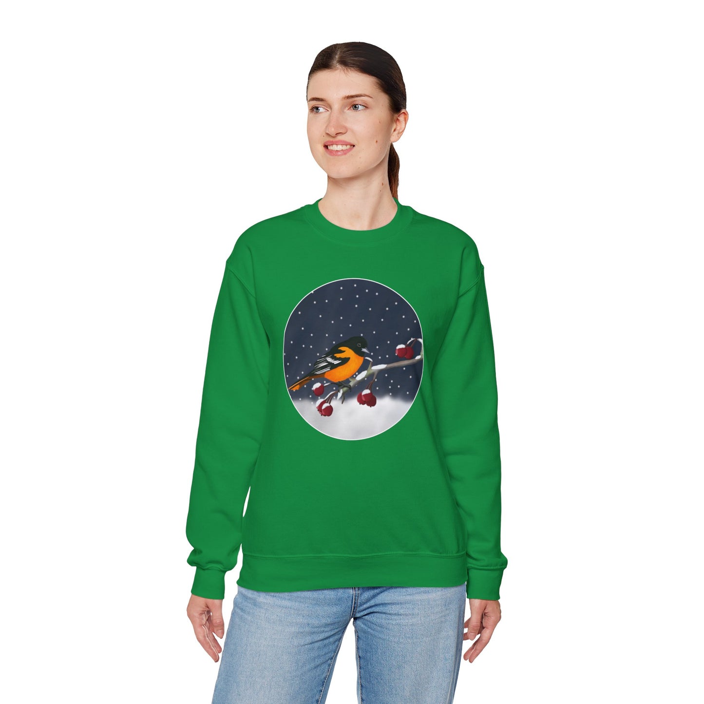 Baltimore Oriole on a Winter Branch Birdwatcher Christmas Bird Sweatshirt