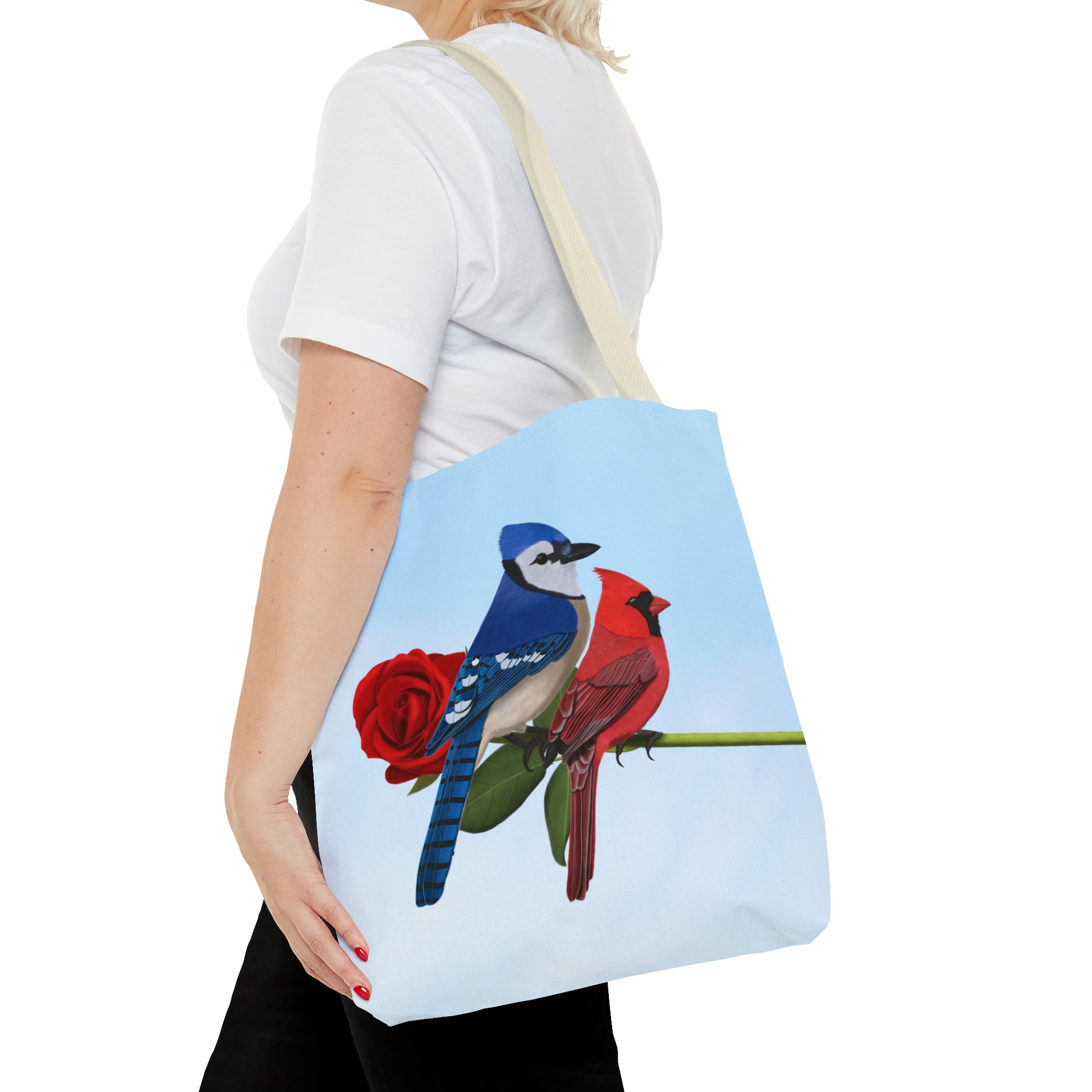 Blue Jay and Cardinal on a Rose Valentine's Day Bird Tote Bag 16"x16" - jz.birds