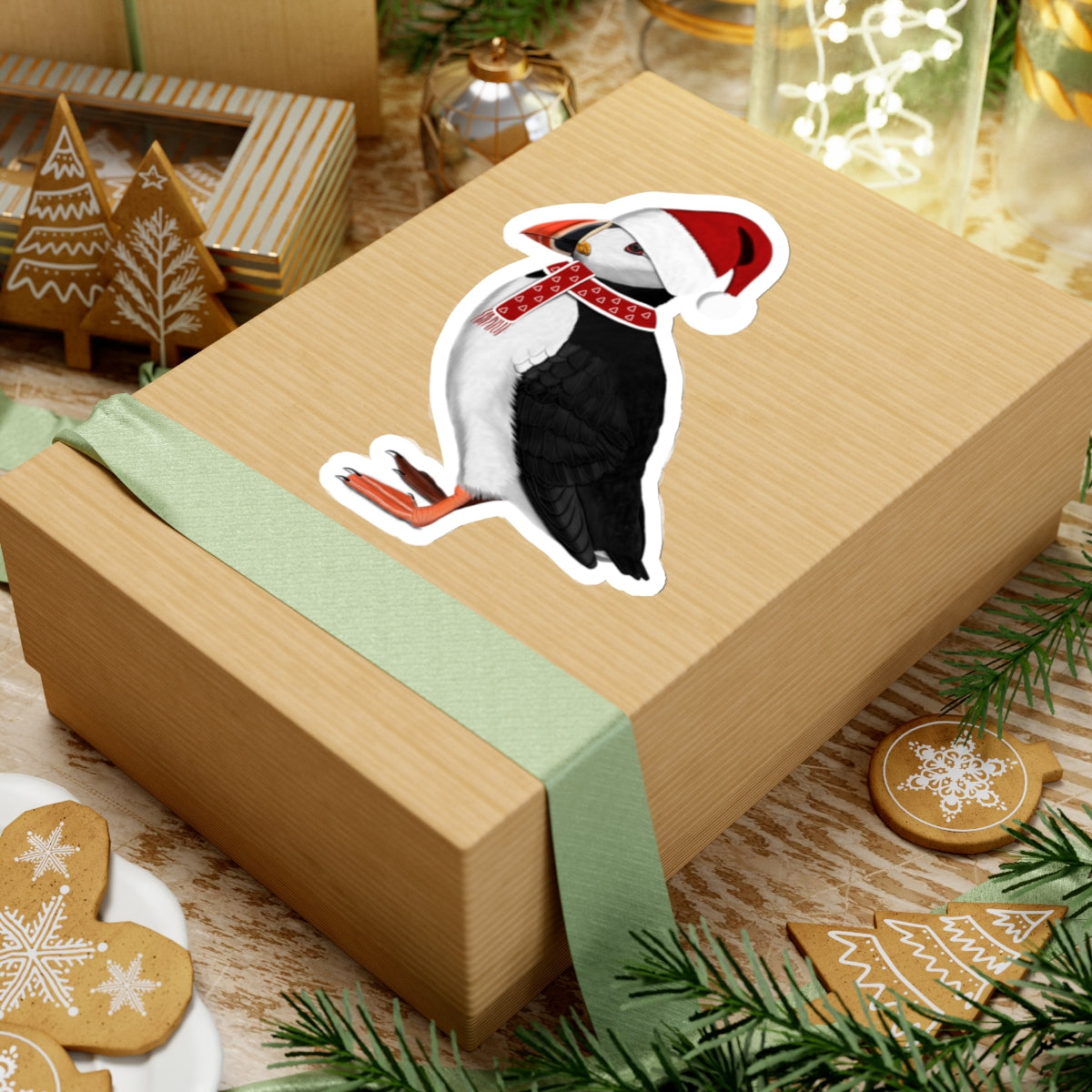 Puffin with Santa Claus Hat and Scarf Christmas Bird Sticker
