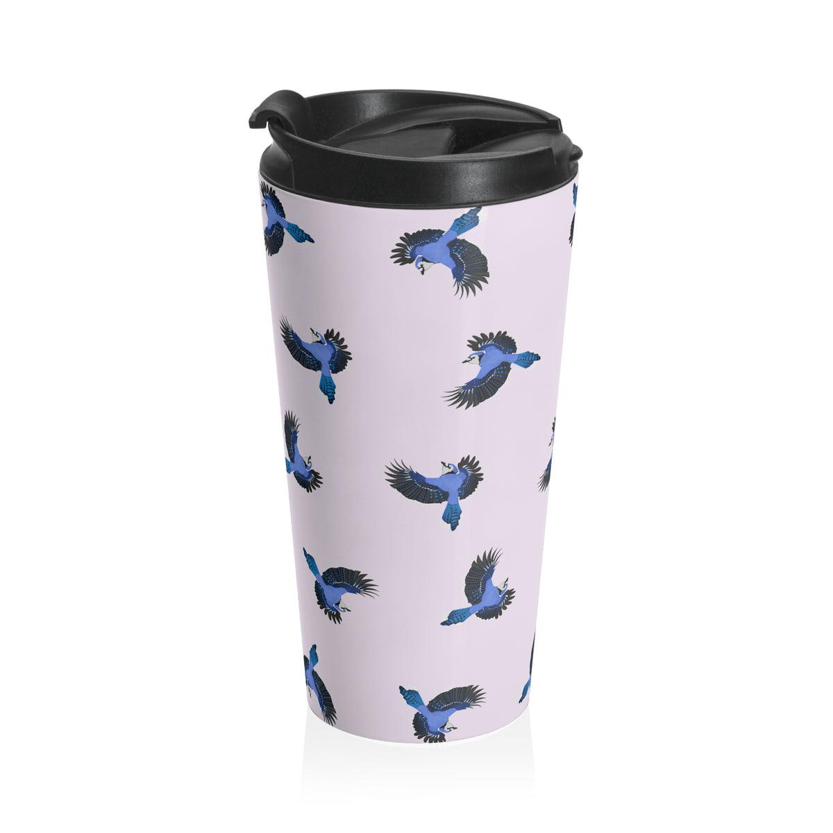 Blue Jay and Tern Tumbler – All Over Pattern Travel Light Pink | 15oz Birdwatching Coffee Mug