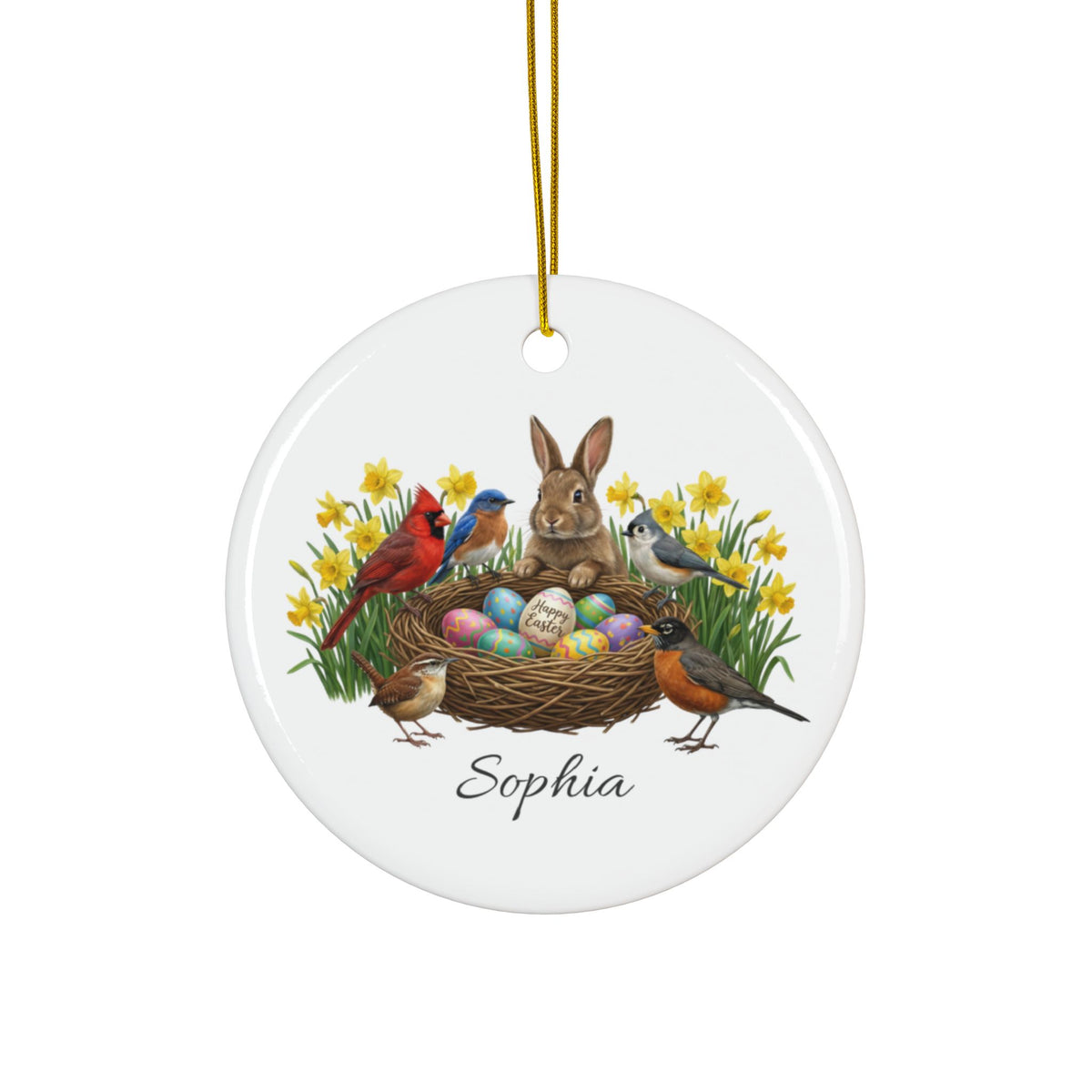 Personalized Bunny, Birds & Daffodils — Custom Name Ceramic Easter Basket Tag Ornament Ornaments –