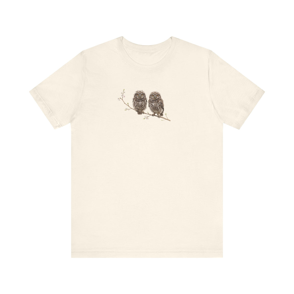 Little Owl Fledgling T-Shirt | Spring Blossoms Unisex Graphic Tee for Bird Watchers