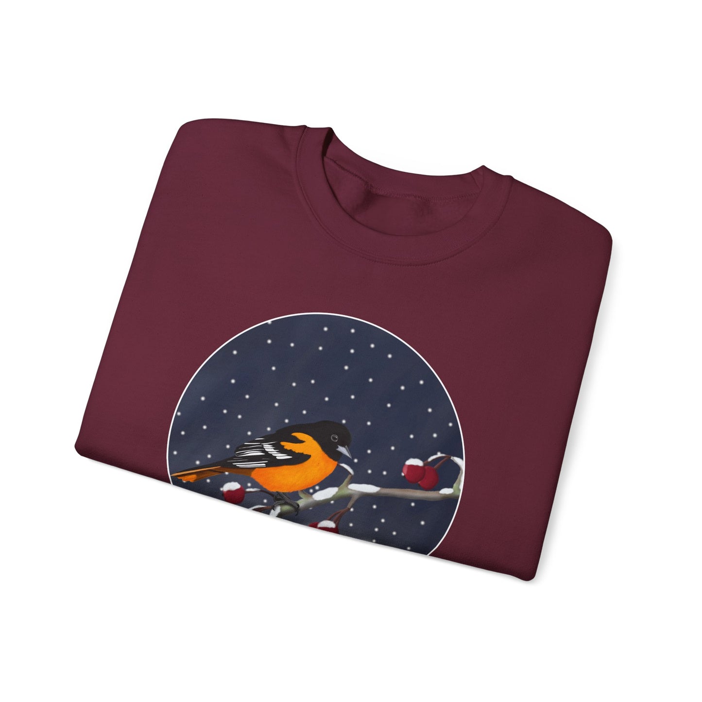 Baltimore Oriole on a Winter Branch Birdwatcher Christmas Bird Sweatshirt