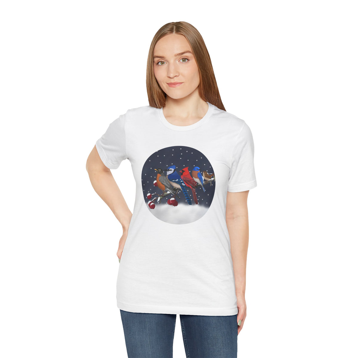 Blue Jay Robin Cardinal Bluebird Wren on a Winter Branch Birdwatcher Christmas Bird T-Shirt