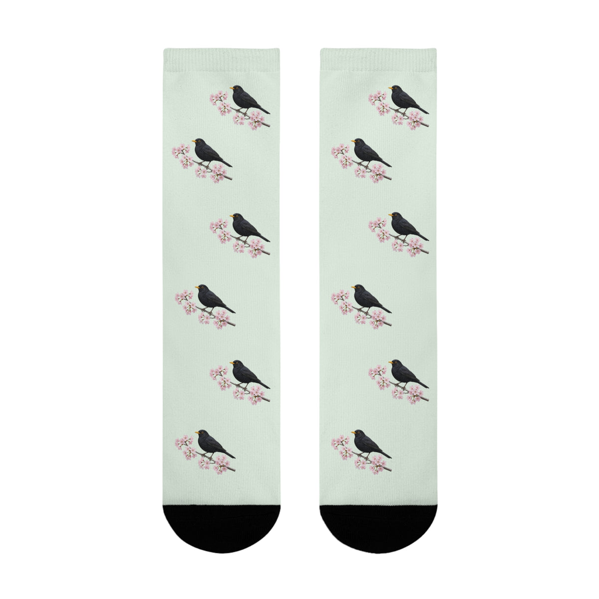 Amsel & Kirschblüten Socken in Salbeigrün | Weiche Baumwollmix-Socken für Naturfreunde