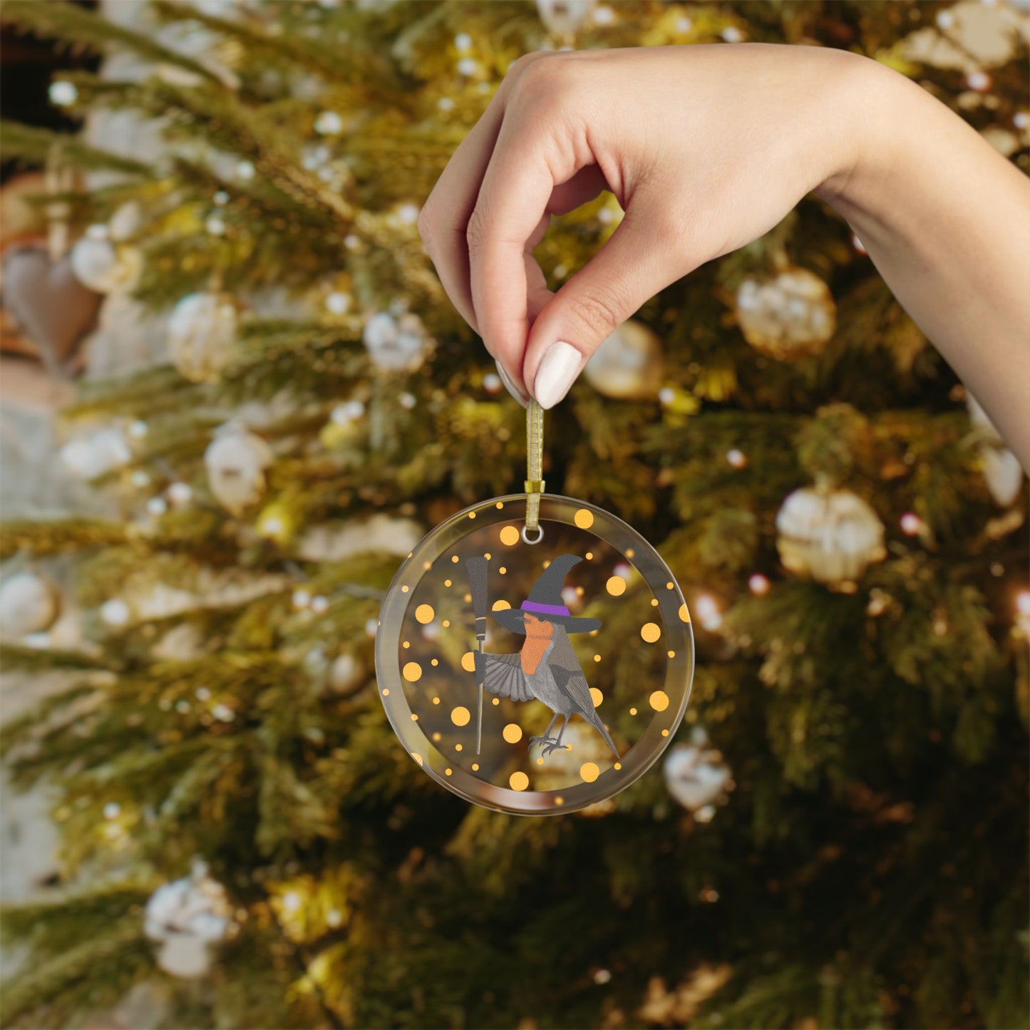 Robin with Witch Hat Halloween Bird Glass Ornament