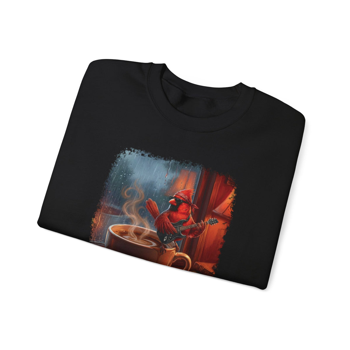 Cozy Rainy Day Coffee Sweatshirt – Vintage Cardinal with Guitar Graphic – Animal Lover Gift,