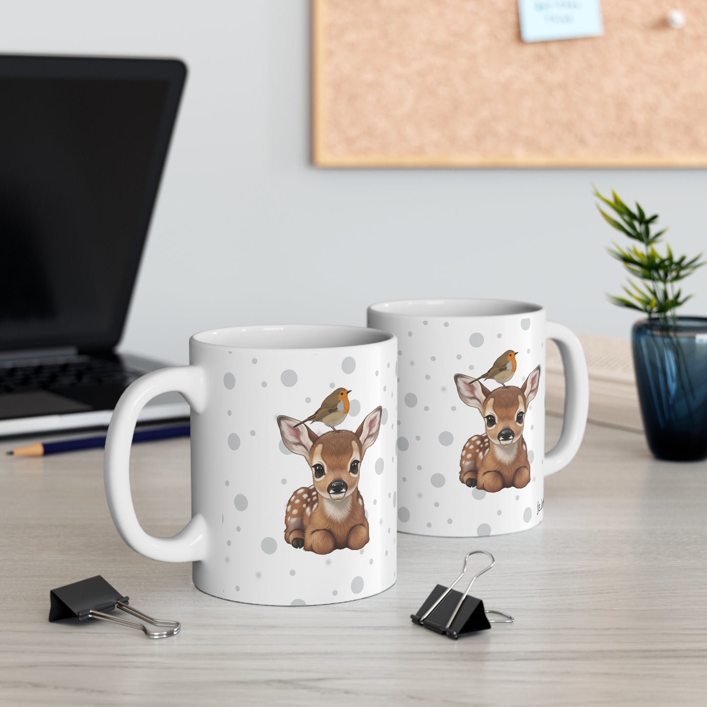 Cute Fawn Mug with Robin 11oz for Animal Lovers & Bird Watchers