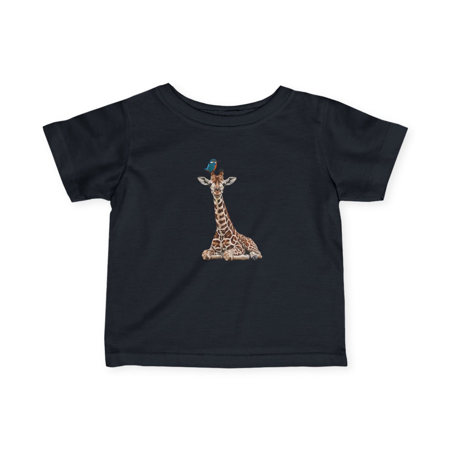 Süße Baby Giraffe mit Eisvogel Vogel Tiermotiv T-Shirt für Babys und Kleinkinder