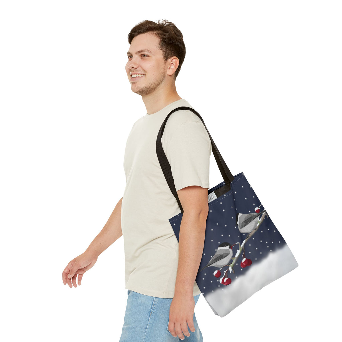 Willow Titmice on a Winter Branch Christmas Bird Tote Bag 16"x16" Bags – Accessories, All Over Print