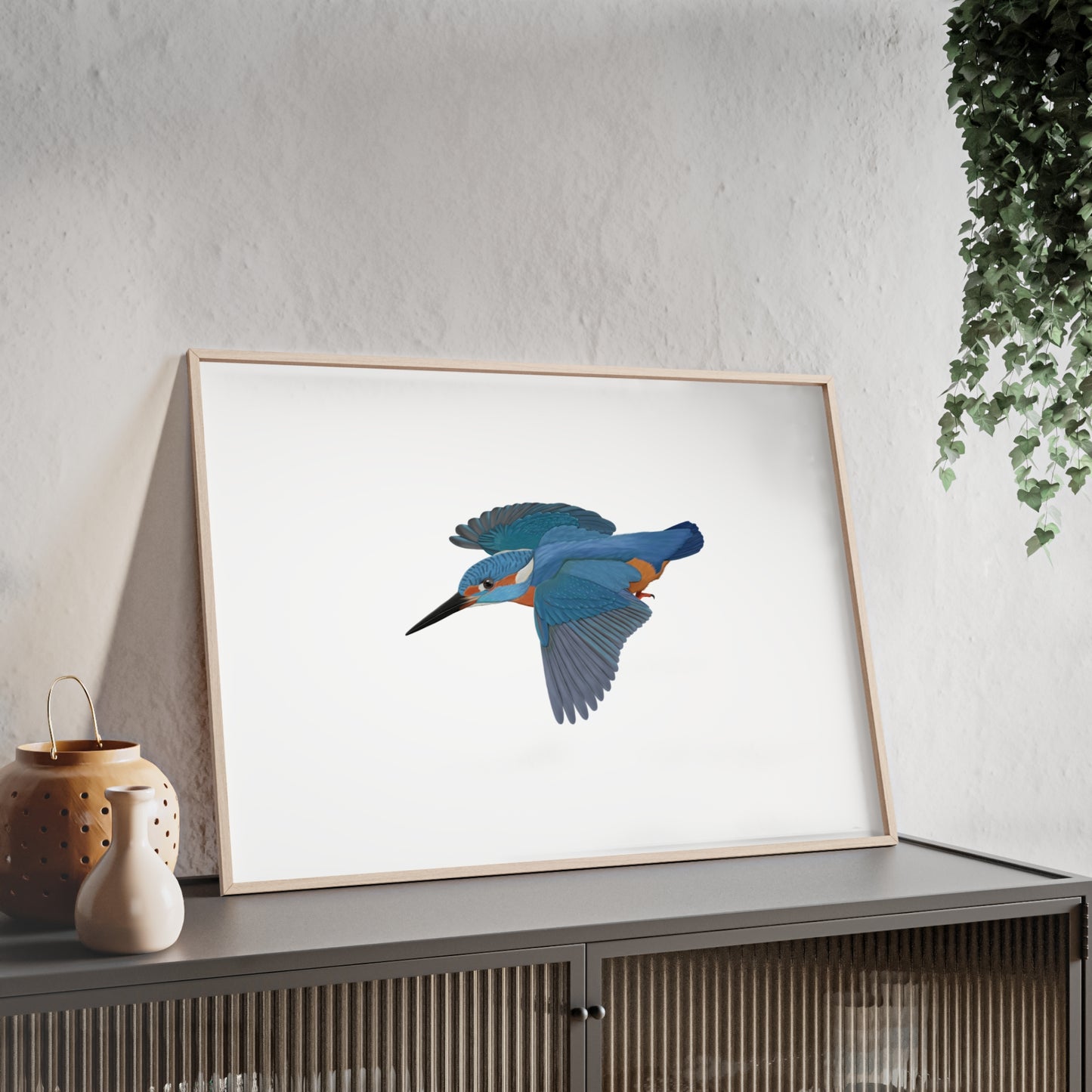 Vogel Poster im Holzrahmen - Eisvogel Poster Singvogel Weiß