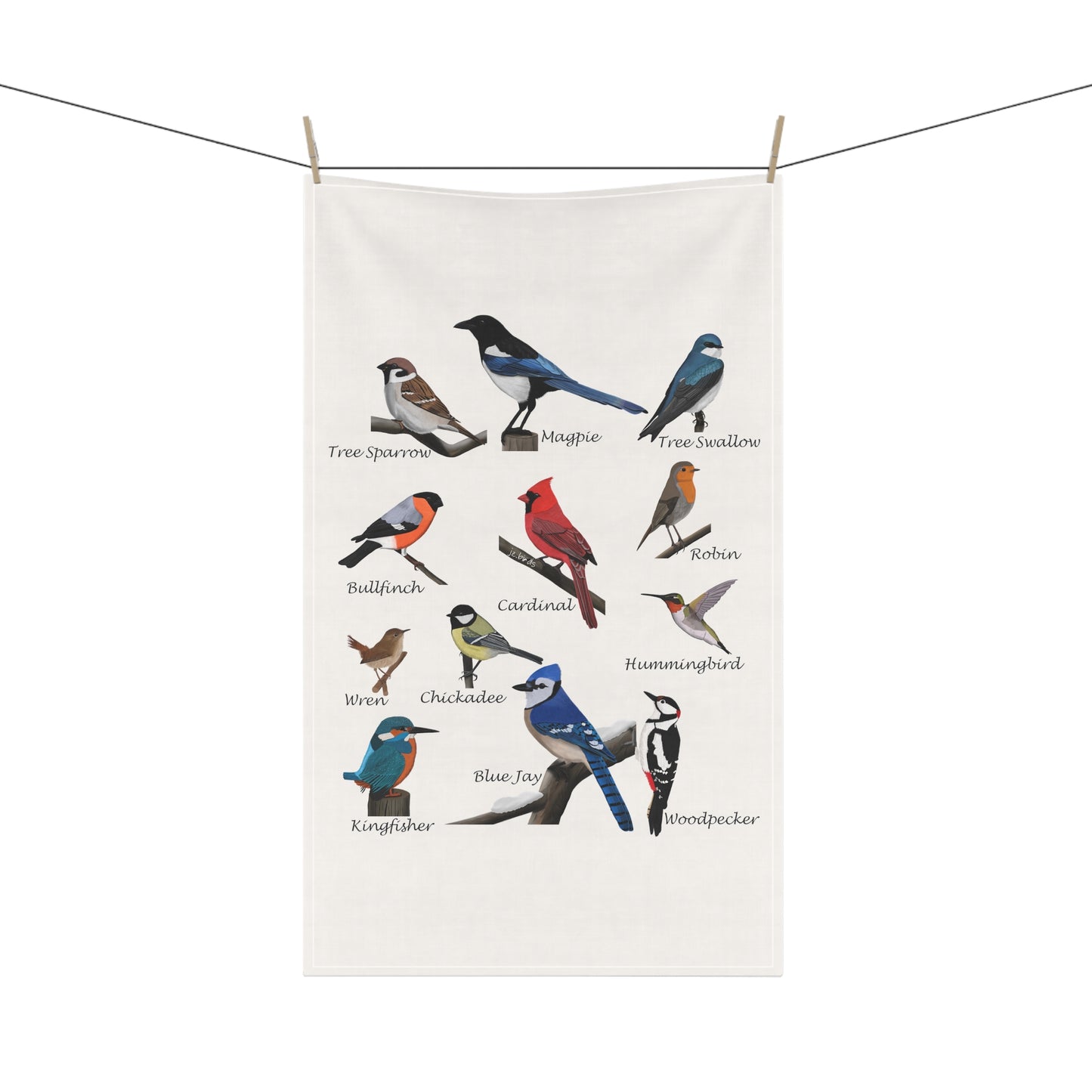 Backyard Birds Blue Jay Cardinal Hummingbird Bird Art Kitchen Towel White 18" × 30"
