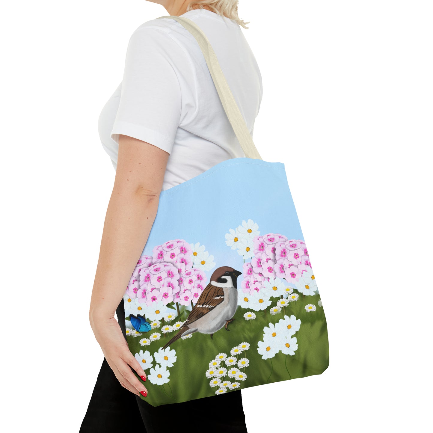 Tree Sparrow in Summer Flowers Bird Tote Bag 16"x16" - jz.birds