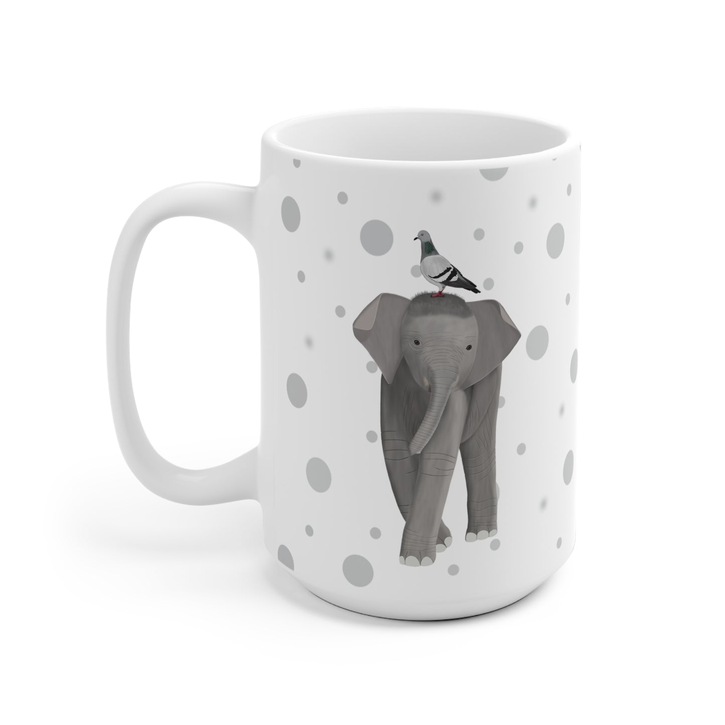 Taube auf einem Elefanten Vogel Tasse Punkte Grau