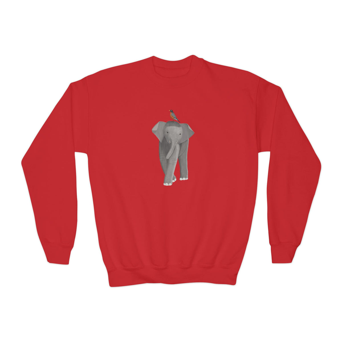 Elephant with American Robin Bird Youth Crewneck Sweatshirt – Casual Kids Clothing, Sweatshirts