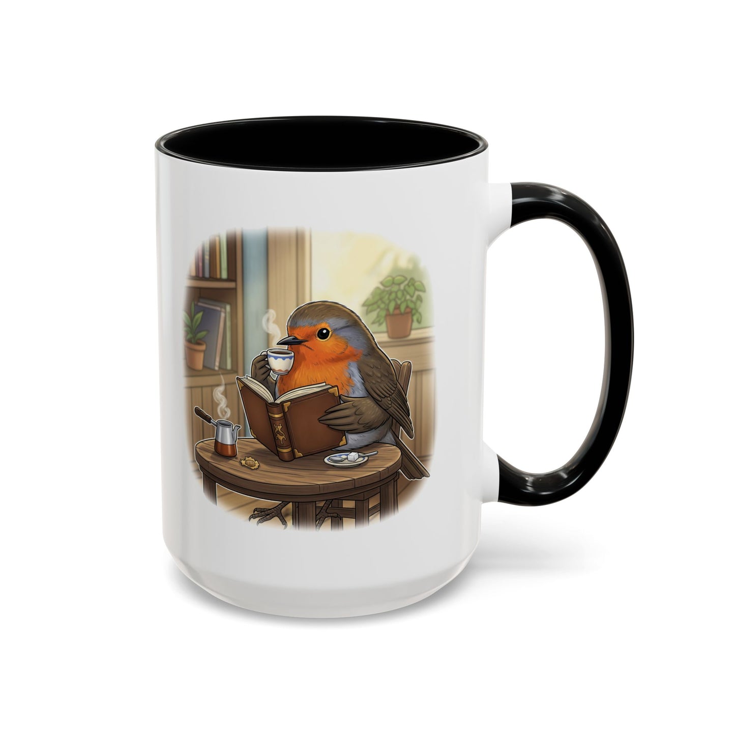 Robin Reads Books and Drinks Coffee Bird Mug for Bird and Book Lovers