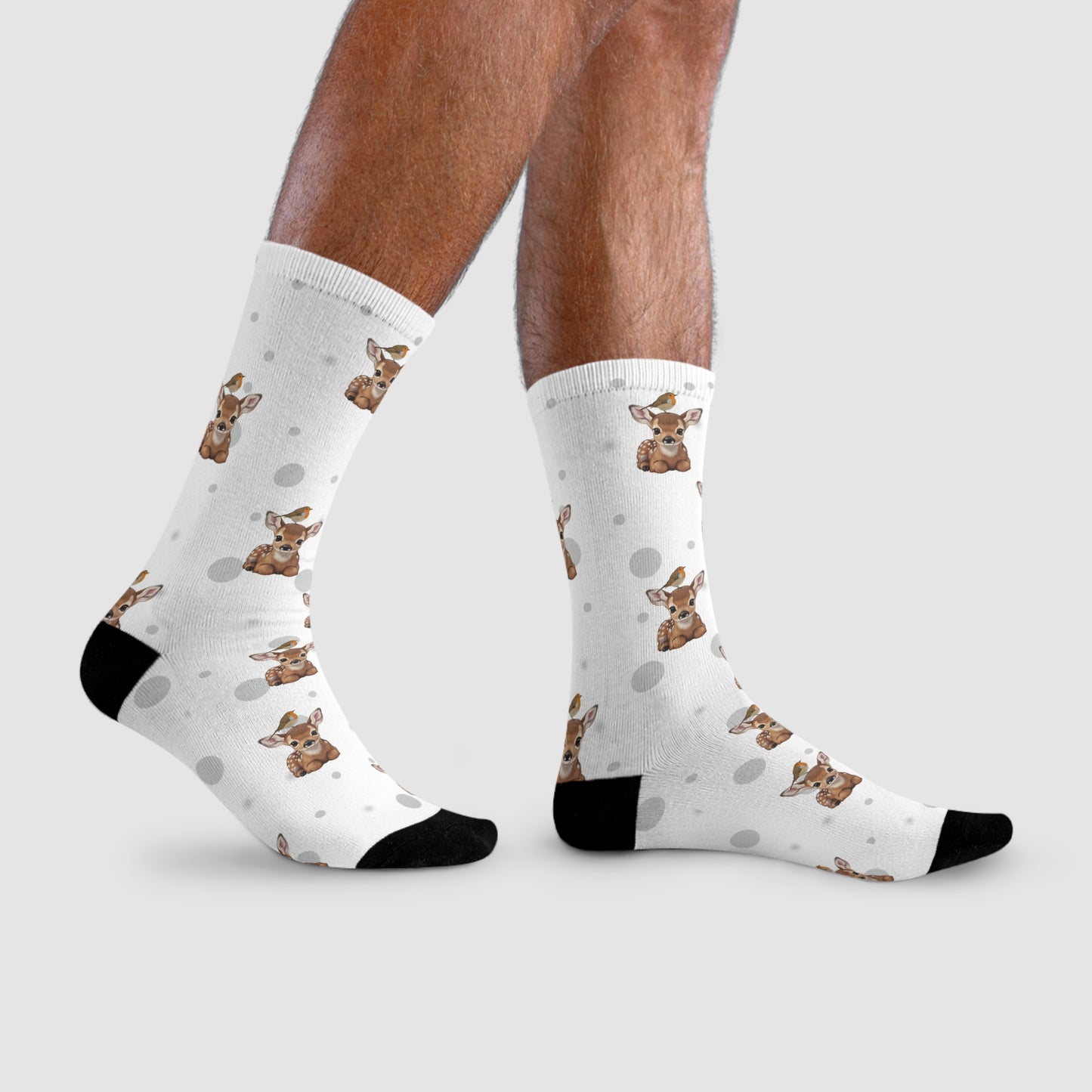 Rotkehlchen Socken mit Rehkitz Vogelsocken mit Tiermotiven Graue Punkte
