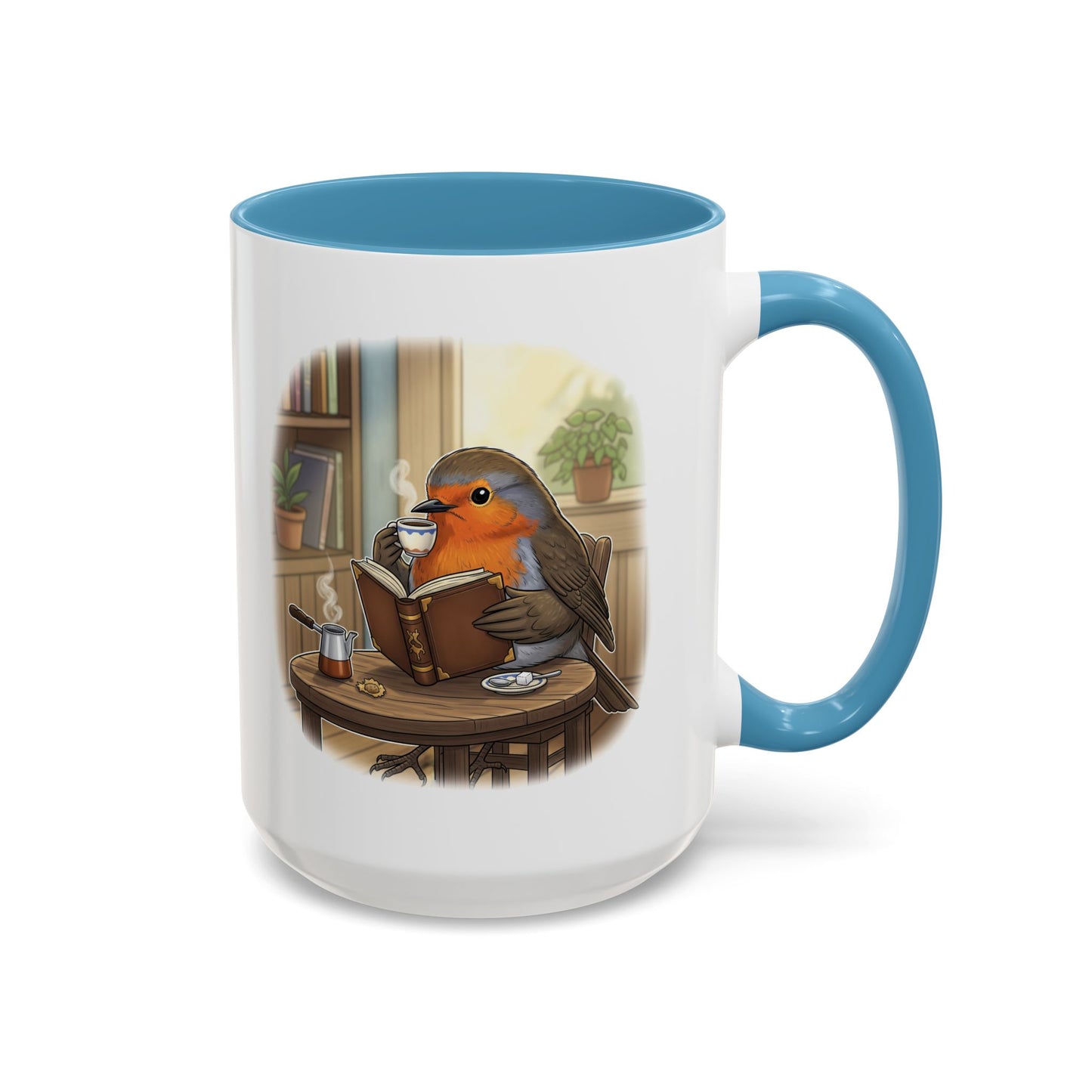 Robin Reads Books and Drinks Coffee Bird Mug for Bird and Book Lovers