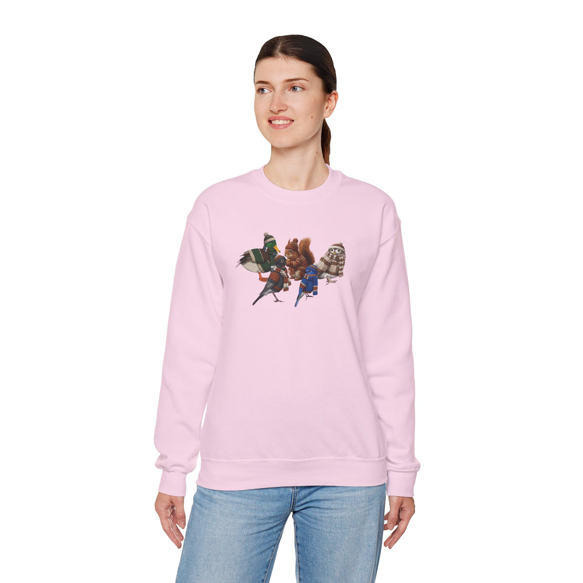 Cozy Winter Crewneck: Backyard Birds & Squirrel in Knitwear