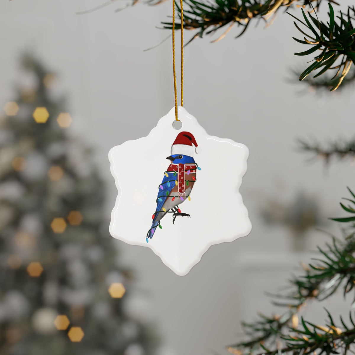 サンタクロースの青い鳥の陶器製クリスマスオーナメント | 丈夫な両面鳥愛好家向け装飾