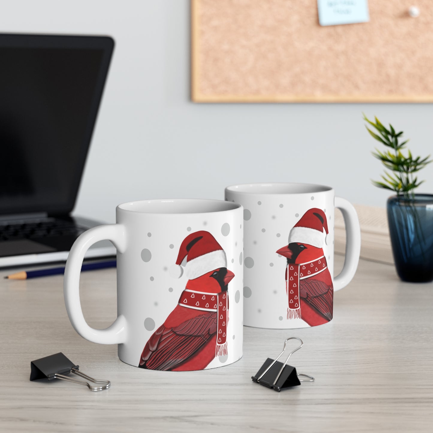 Cardinal with Red Santa Hat and Scarf Christmas Bird Ceramic Mug 11oz –