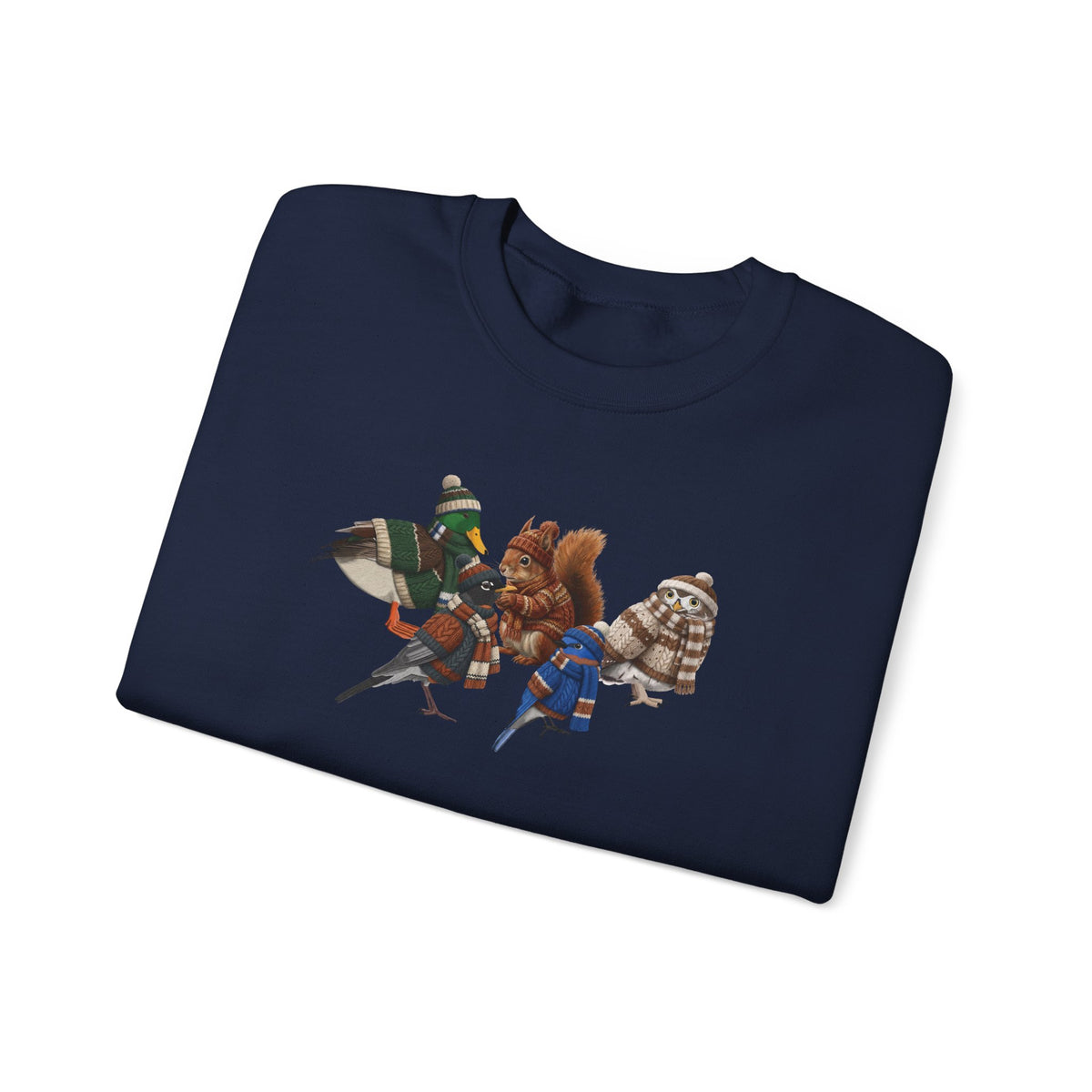 Cozy Winter Crewneck: Backyard Birds & Squirrel in Knitwear