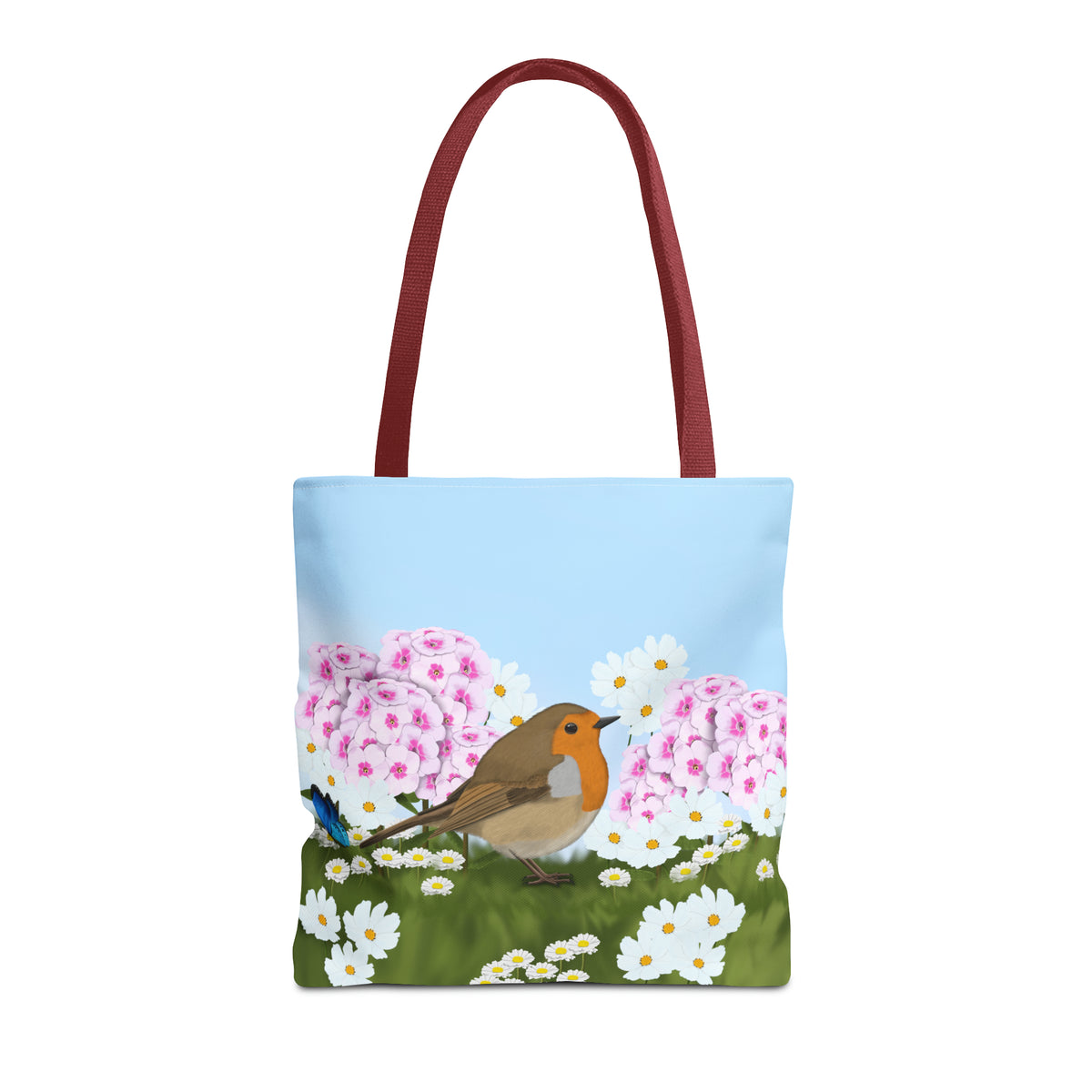 Robin in Summer Flowers Bird Tote Bag 16"x16" - jz.birds