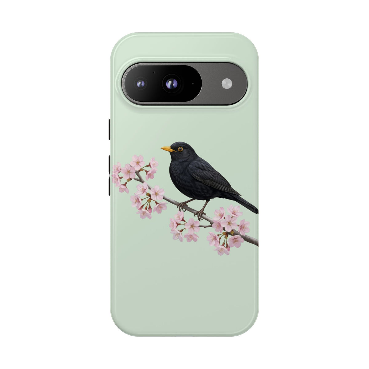 Amsel Handyhülle in Salbeigrün | Florales Kirschblüten Vogel-Motiv für iPhone & Google Pixel
