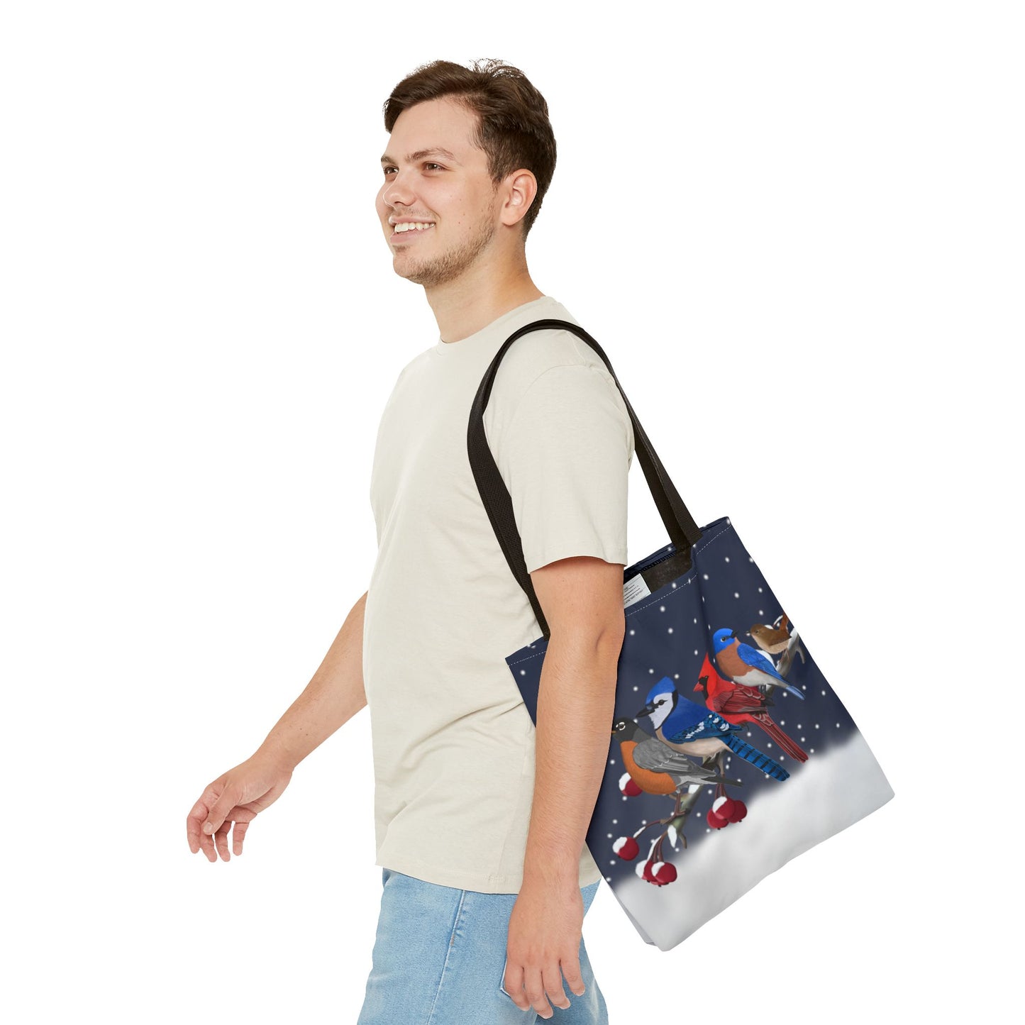 Robin Blue Jay Cardinal Bluebird Wren on a Winter Branch Christmas Bird Tote Bag 16"x16"