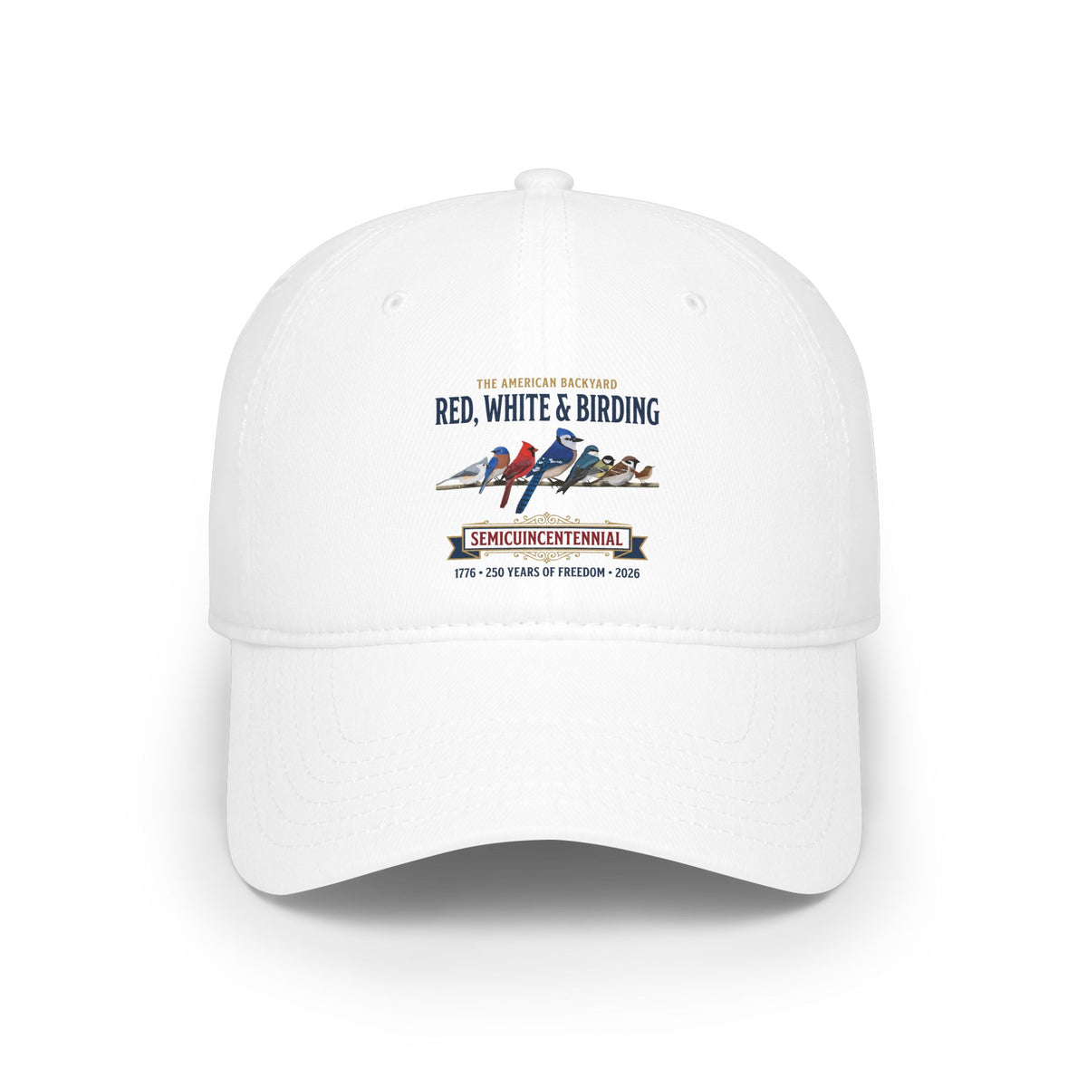 Red, White & Birding Branch Baseball Cap | Cardinal Blue Jay Bluebird 250th Anniversary Edition | jz.birds