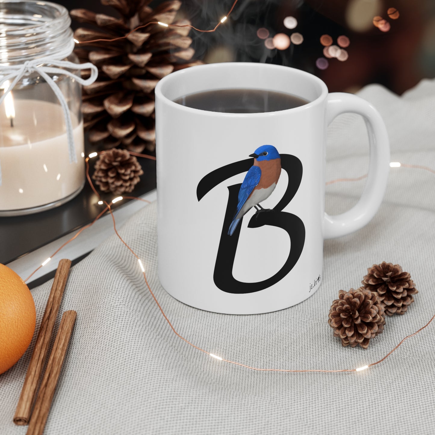 Bluebird Letter B Bird Ceramic Mug 11oz White