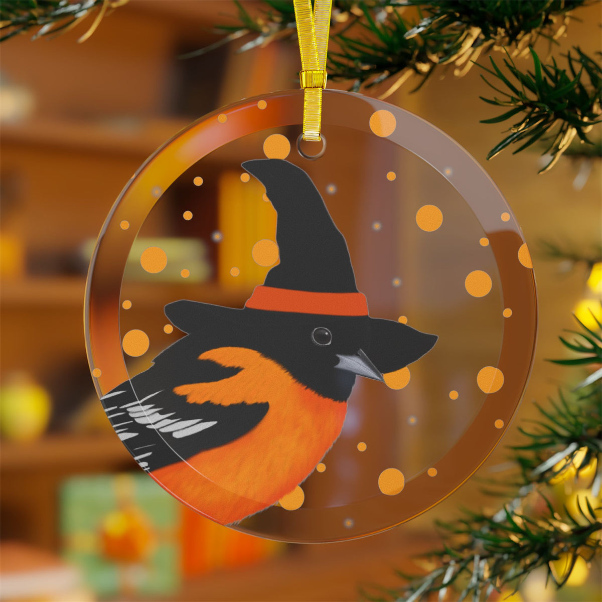 Baltimore Oriole Ornaments – with Witch Hat Halloween Bird Glass Ornament