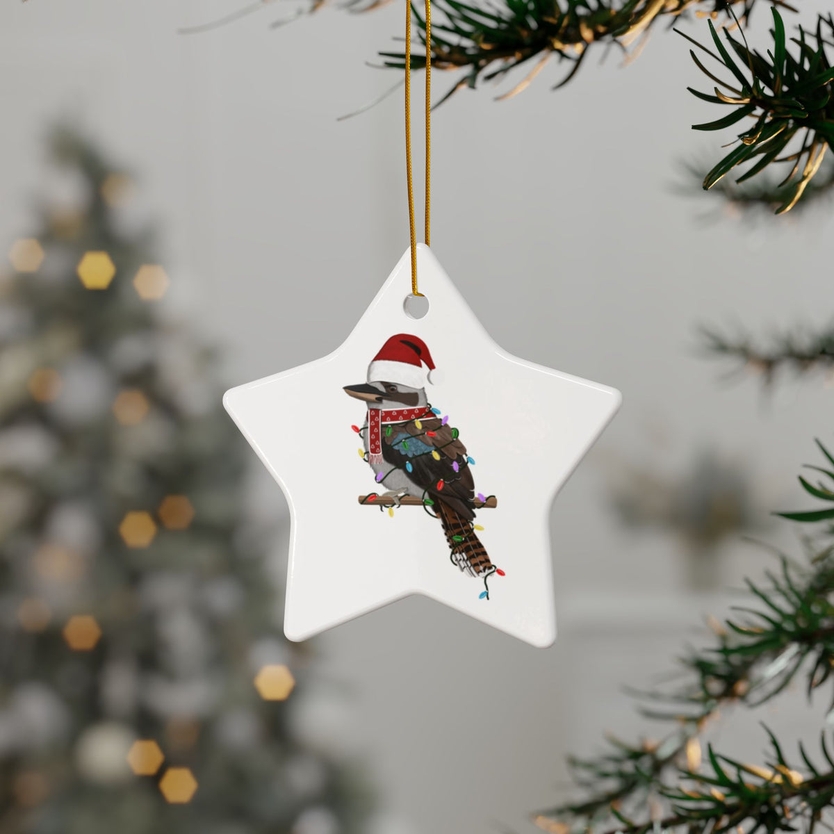 サンタクロースのワライカワセミの陶器製クリスマスオーナメント|丈夫な両面鳥好きのための装飾品