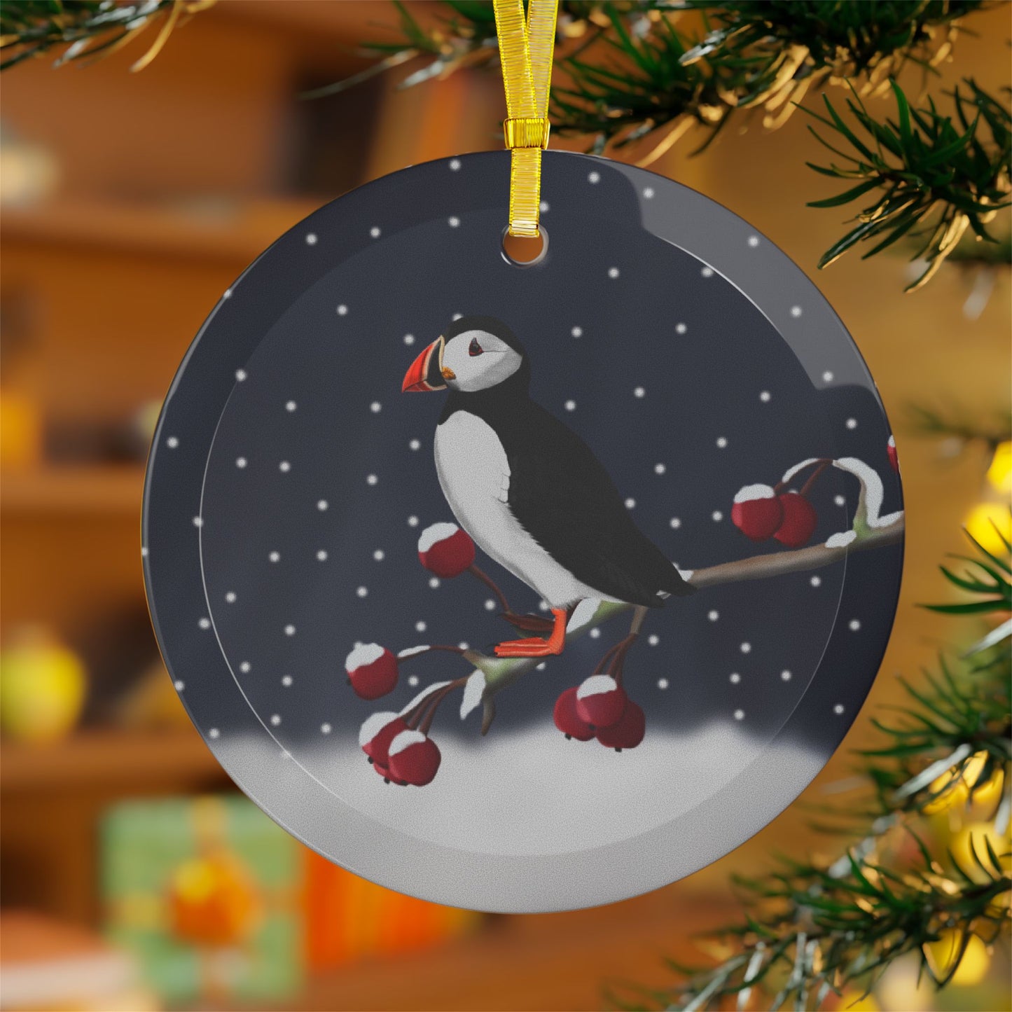 Puffin on a Winter Branch Christmas Bird Glass Ornament
