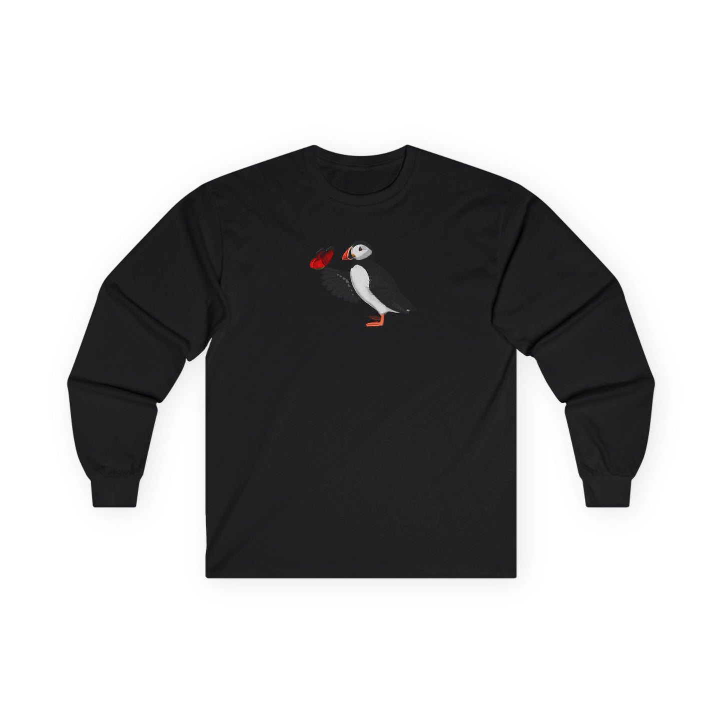 Puffin with Butterfly Birding & Birdwatching Bird Cotton Long Sleeve T-Shirt
