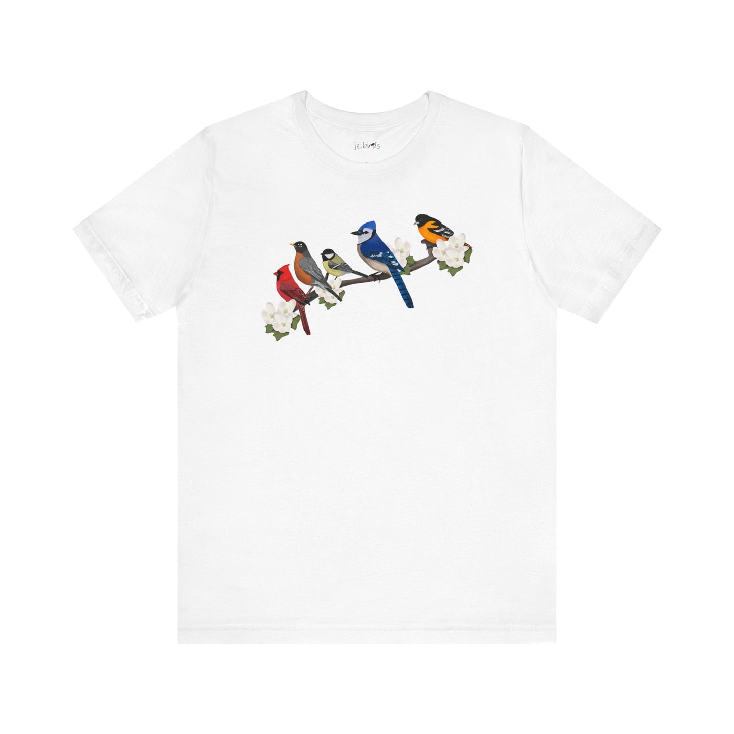 Blue Jay Cardinal Oriole Chickadee Robin on a Branch Garden Birds T-Shirt