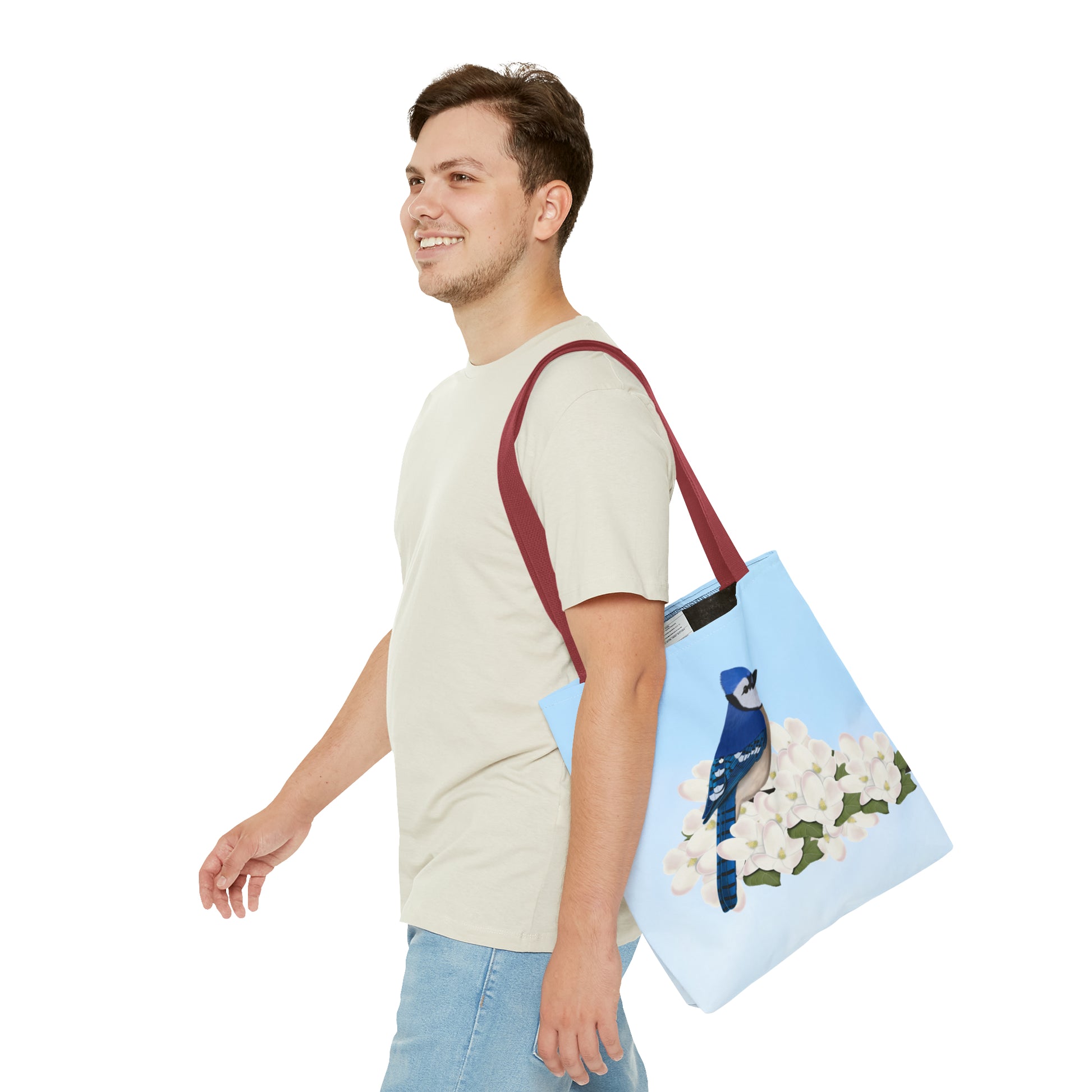 Blue Jay in Spring Blossoms Bird Tote Bag 16"x16" - jz.birds
